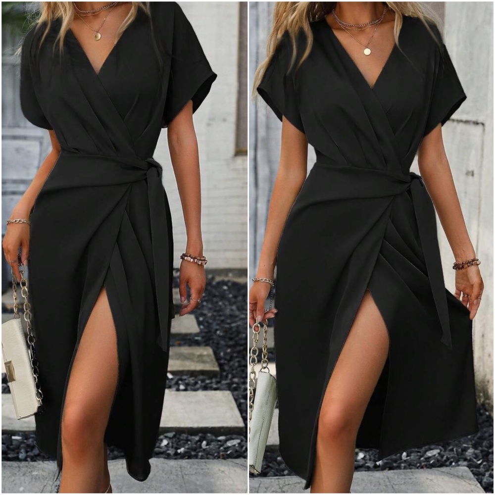 Classic Solid Pleated Wrap Midi Dress - Picture 4 of 9